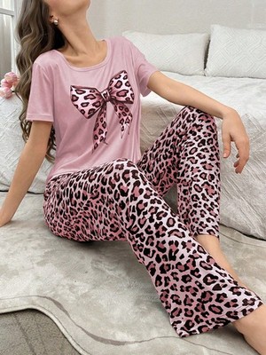 Leoparden Muster Pyjama Set für Damen mit Schleifen Detail Billig24