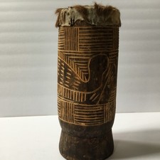 Antique Hand Made Authentic African Drum 13” Tall Wood Base 6” Diameter Hide Top