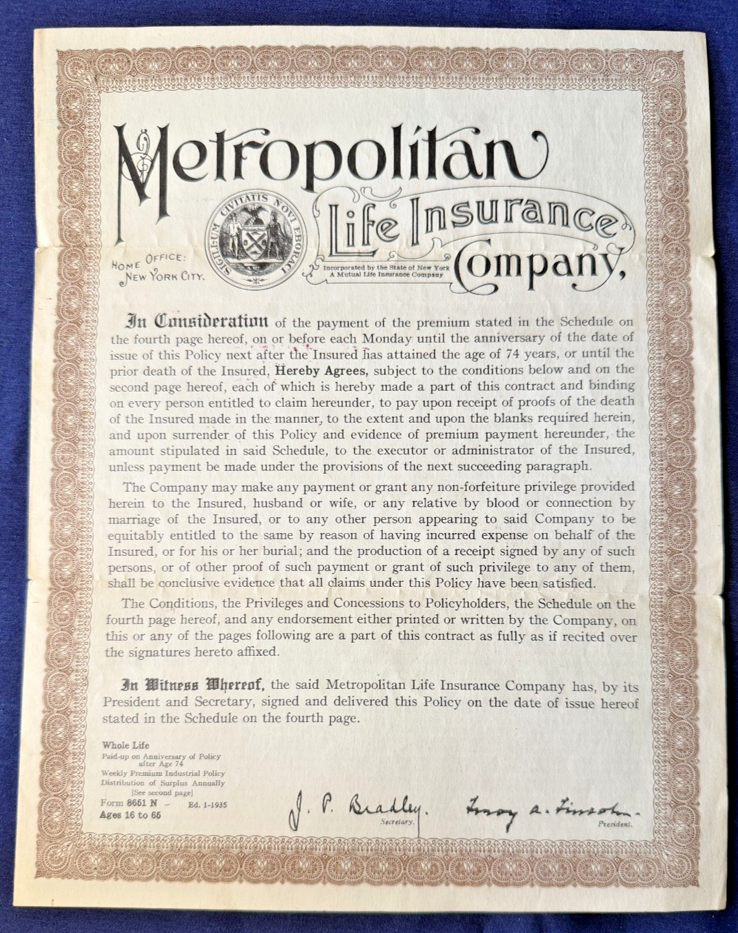Vtg 1935 Life Insurance Policy Certificate Metropolitan Life Metlife New York Ny