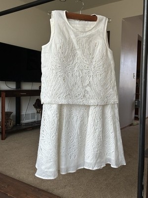 MaxMara Studio White Embroidered Sleeveless Top & Skirt Set, Size 2, pockets