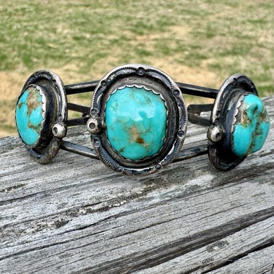 Native American Old Fred Harvey Era Navajo Turquoise Sterling Cuff Bracelet 35g