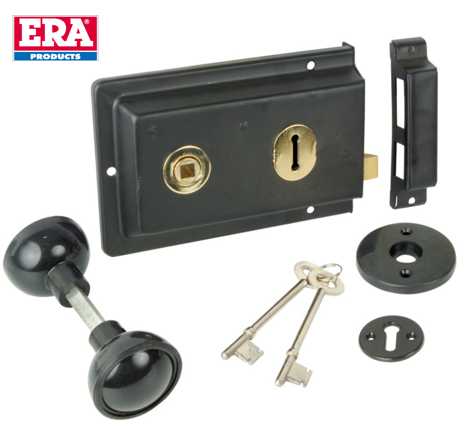 Era Black Rim Sash Lock 152 x 102mm with Handles Door Sashlock Knob set 2 Keys