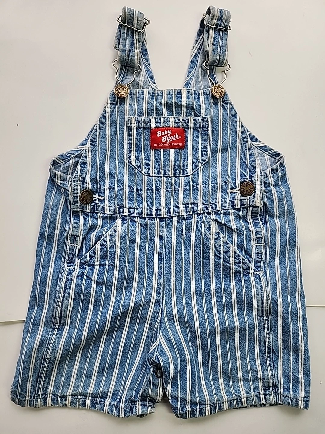 Oshkosh Vestbak 90s Overalls Shorts Baby Toddler Size 18M Blue White Pinstripe