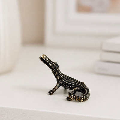 Metal Crocodile Figurine Handmade Brass Alligator Statue Vintage Shelf Decor 1.5