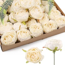 IPOPU White Roses Artificial Flowers Heads Bulk, 25pcs Vintage Off 