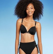 Shade Shore Push-Up Double Strap Bikini Top Women 34B Underwire Black