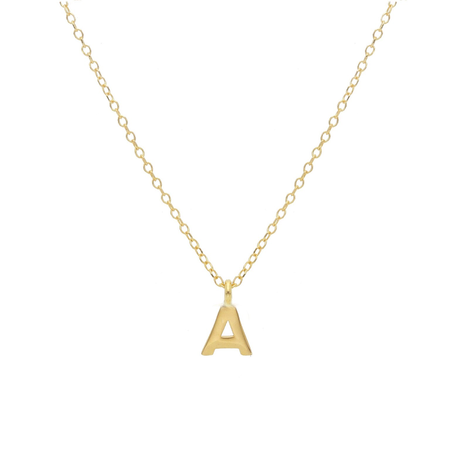 "18k yellow gold rolo thin 16\" necklace with small 5mm letter initial A pendant"