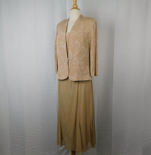Alex Evenings 2pc Sheath Evening Dress  Glitter Jacket Set 14 Camel Beige 9731