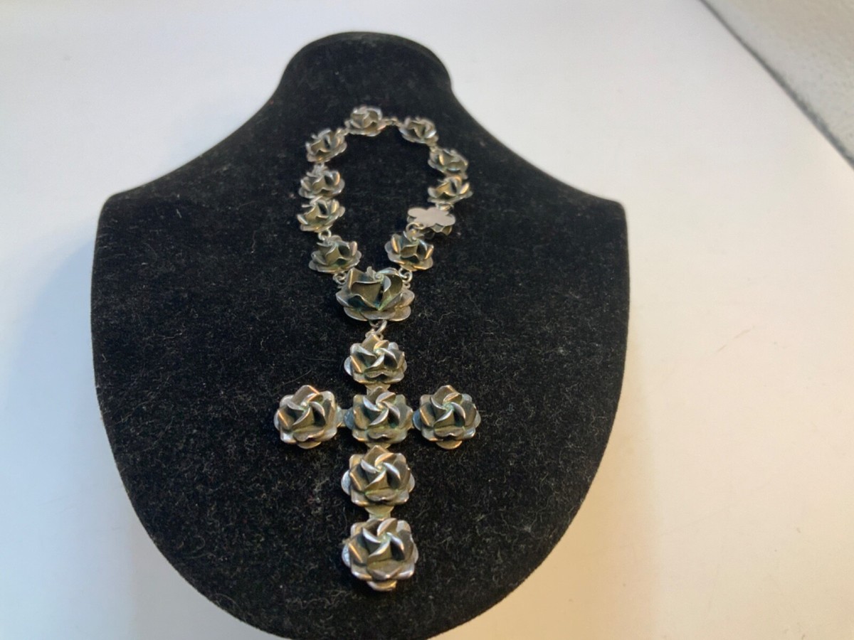 Vintage Sterling Silver Rose CROSS Bracelet Marked TC. 254 925