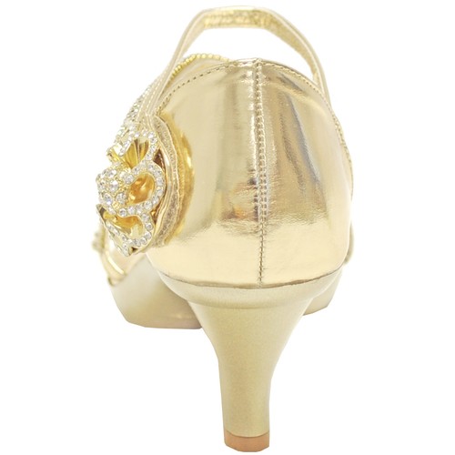 Nuevos zapatos de mujer diamantes de imitación tacón medio boda baile de graduación formal joya oro - Imagen 2 de 7