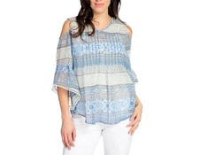 NEW One World Printed Chiffon 3/4 Bell Sleeve Cold Shoulder Top Multiple Sizes