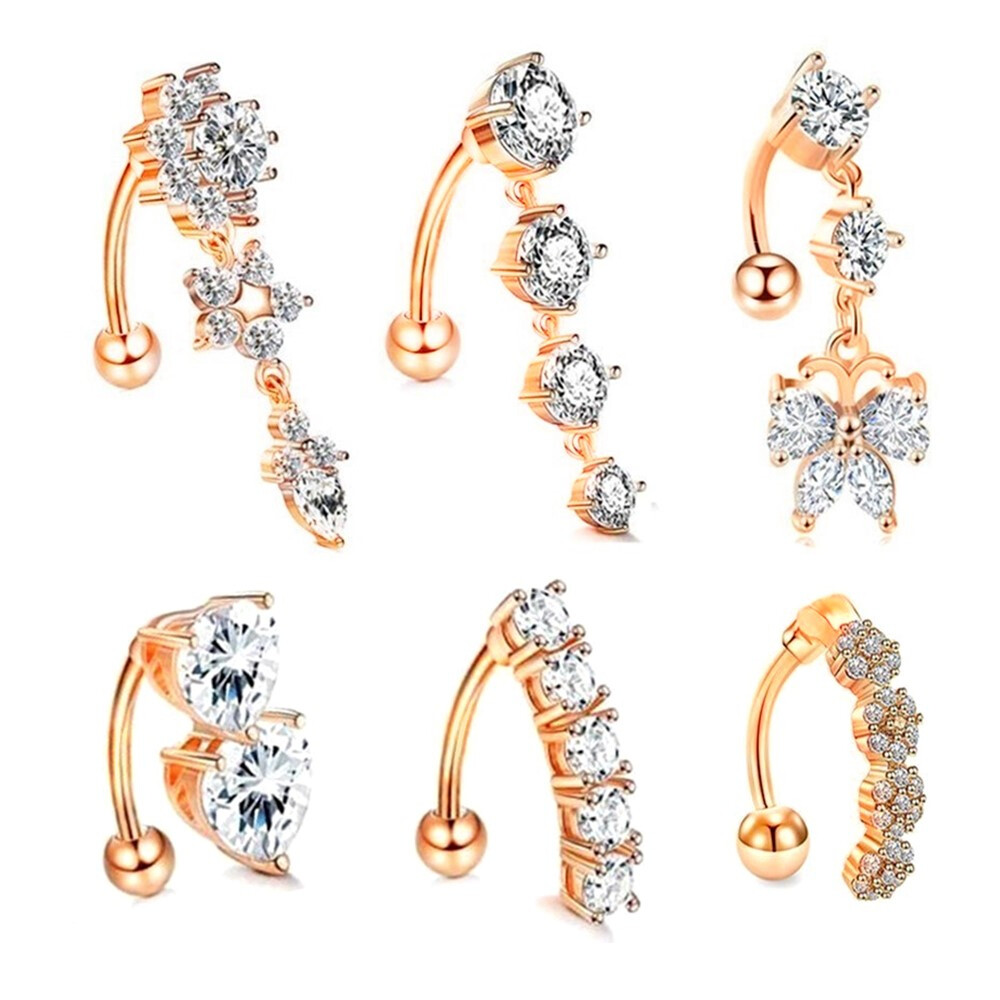 2X Reverse Silver Rose Gold Zircon Navel Ring Steel Ball Belly Button Piercing