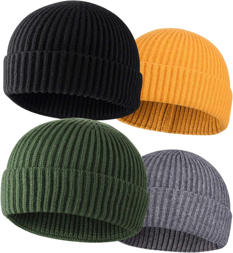 4 Pack Wool Fisherman Beanies for Men, Knit Short Watch Cap Winter Warm Hats