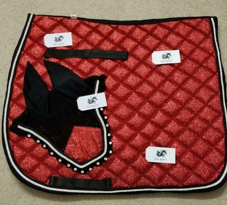 Glittery Horse English Saddle Pad Set with Matching Fly Bonnet/Veil Ear Net Mask - Image 4 of 4