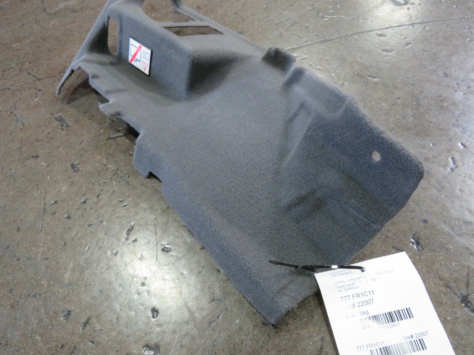 Ferrari California, RH, Right, Side Trunk Carpet Panel, Used, P/N 82850000