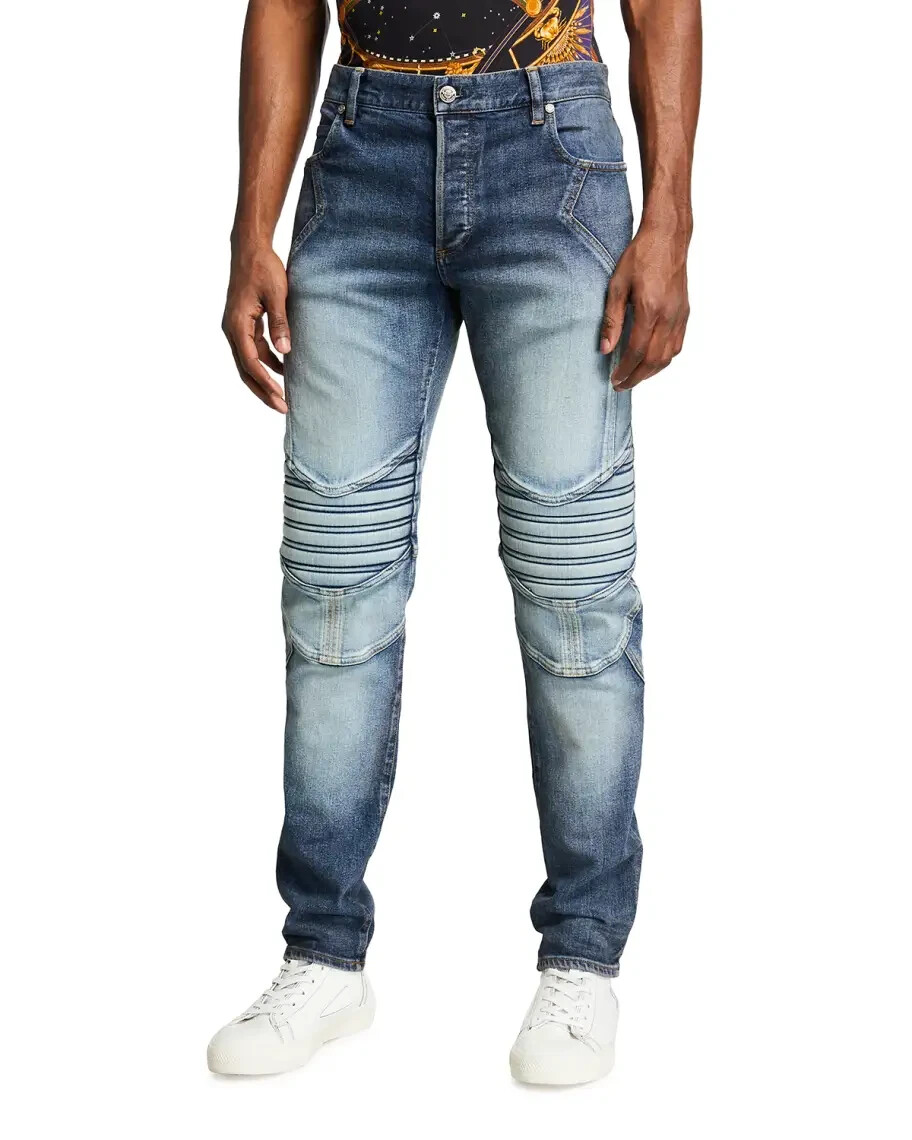 Balmain L118302 Men's Tapered Embossed Vintage-Wash Jeans Size 32