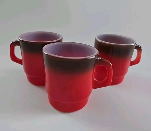 Fire King Mug D Handle Red Brown Stacking Coffee Cups Lot Of 3
