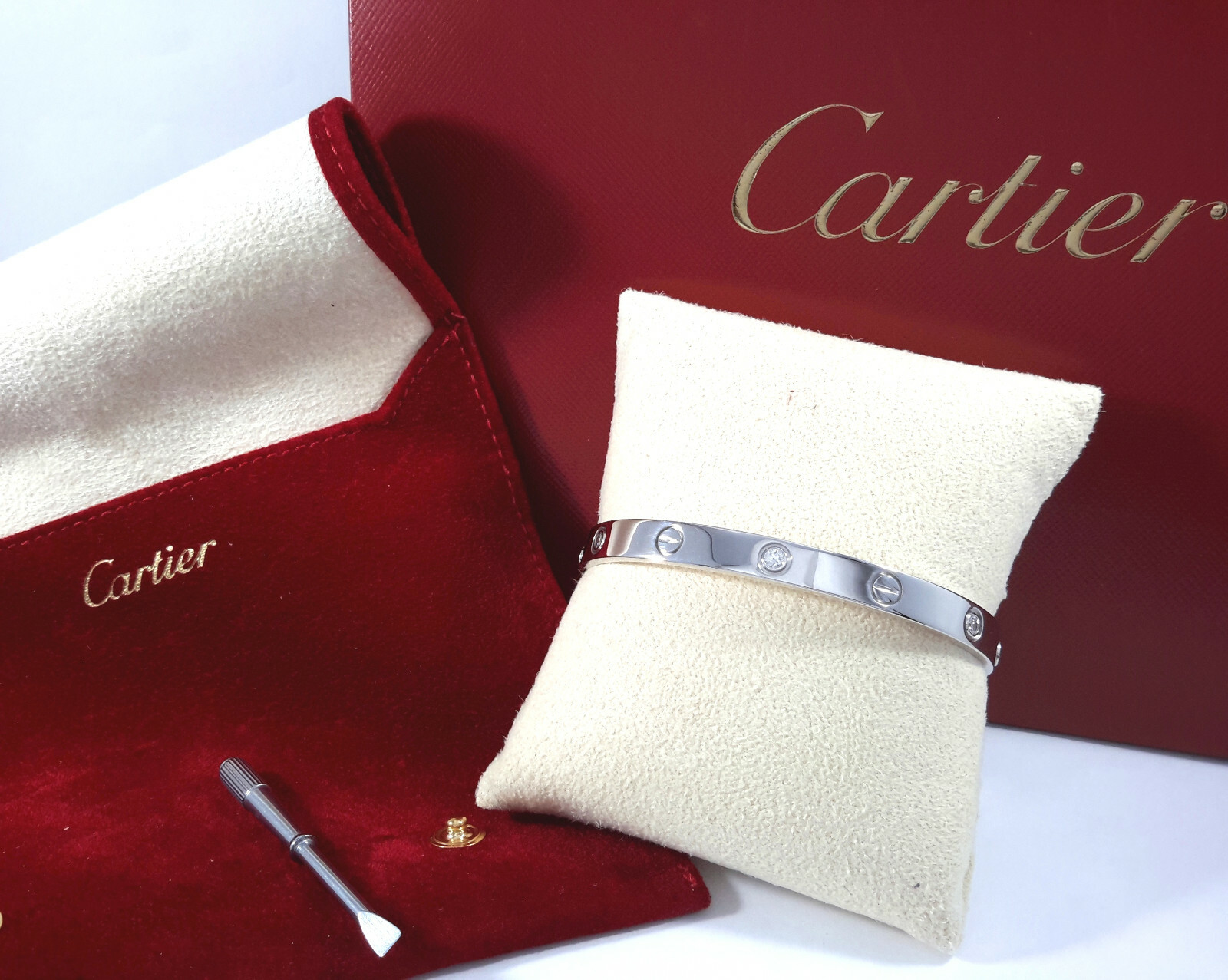 CARTIER LOVE BRACELET 18K WHITE GOLD 6 DIAMONDS Size … Gem