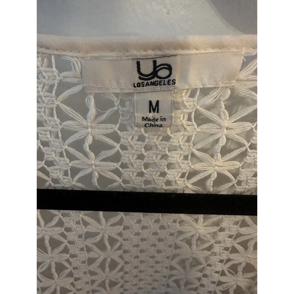 YA los Angeles Crochet Kimono Open Sweater Fringed Boxy Ivory 1/2 Sleeves Medium - Image 3 of 4