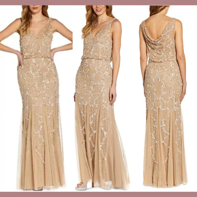 NWT $329 Adrianna Papell [ 14 ] Embellished Cowl-Back Gown in Champagne #G1167