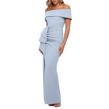 Xscape Sky Blue Off-the-Shoulder Ruffle Gown Size 14 $249