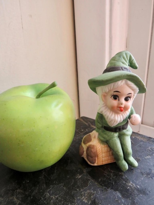 Vintage Leprechaun Elf Pixie Irish Kelly Green Bisque Porcelain Figurine 4"H