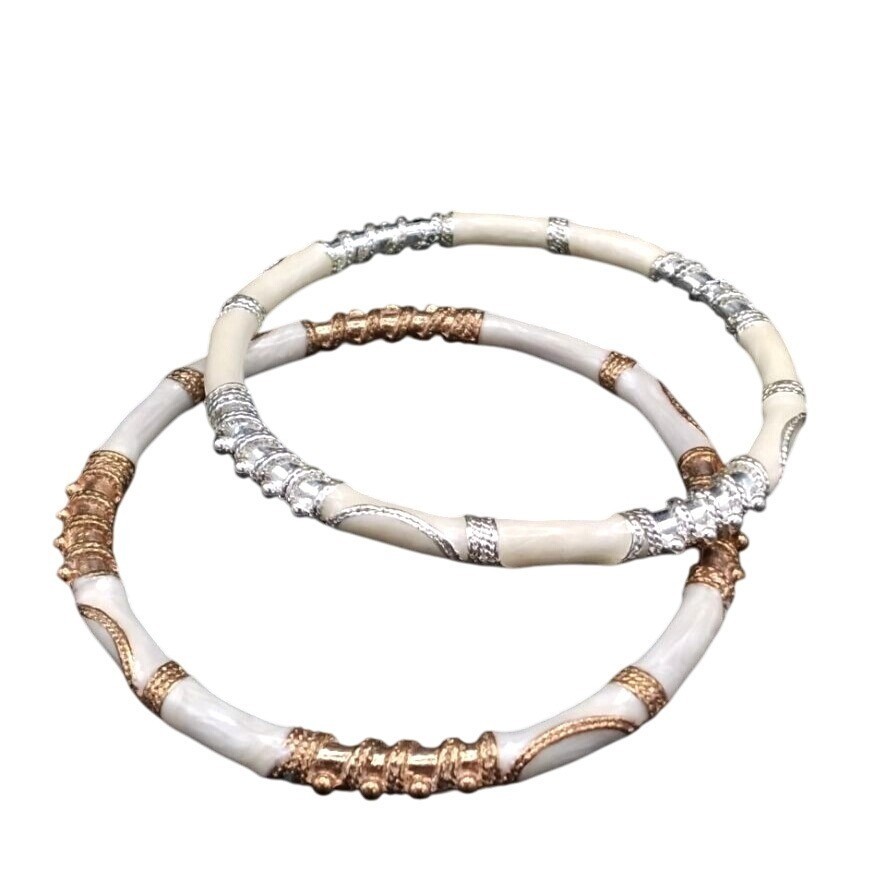 White Enamel Bangles Bracelets With Intricate Gol… - image 1