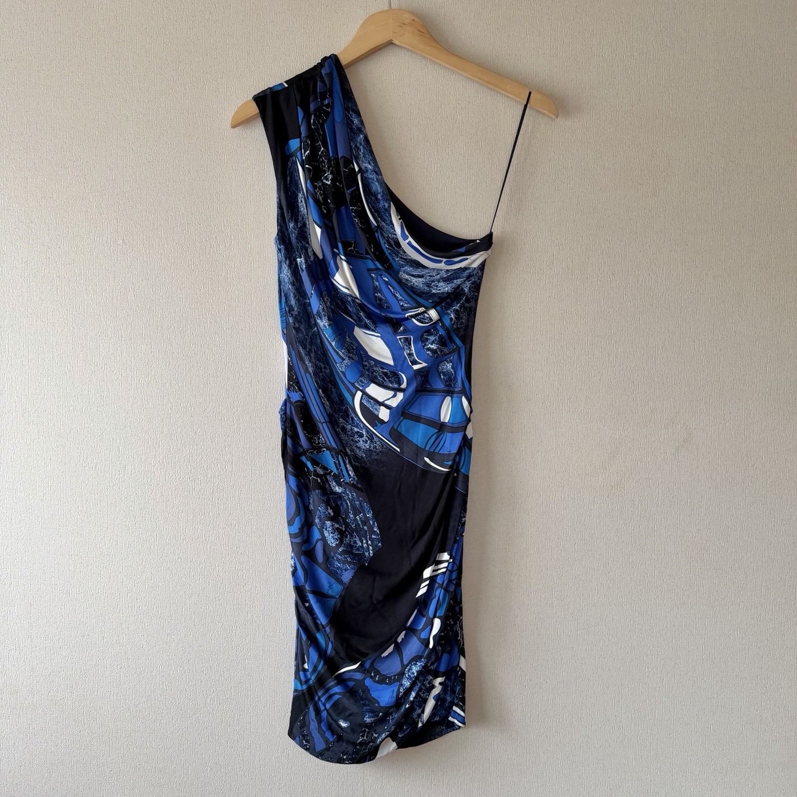 Vintage Authentic EMILIO PUCCI One Shoulder Blue Mini Dress Tight Ruched Summer