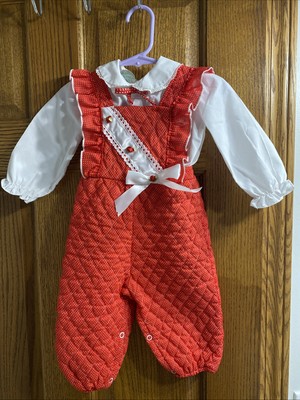 Vintage  2 Pc. Red Quilted White Polka Dot Ruffle Baby Girls Romper Size 12 mo.
