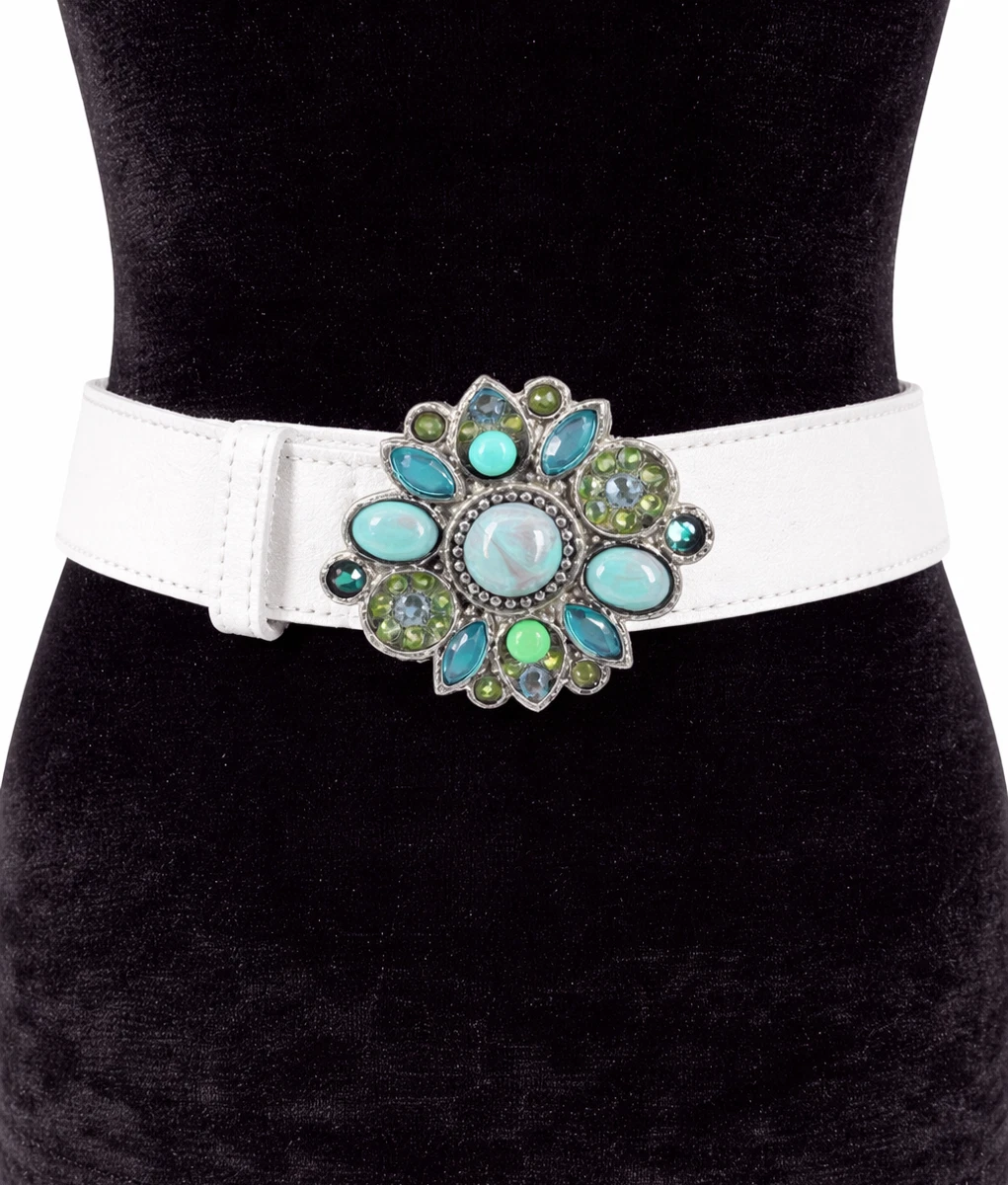 Leatherock Womens Waist Belt White Leather Turquoise Crystal Buckle Size XL Turquoise Embellished Buckle Belt White | Boston Proper main image 2