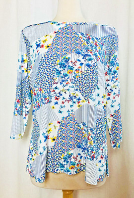 Charlotte Kellogg XL Patchwork Floral Top Blouse Palm Beach 3/4 Sleev Resort NWT