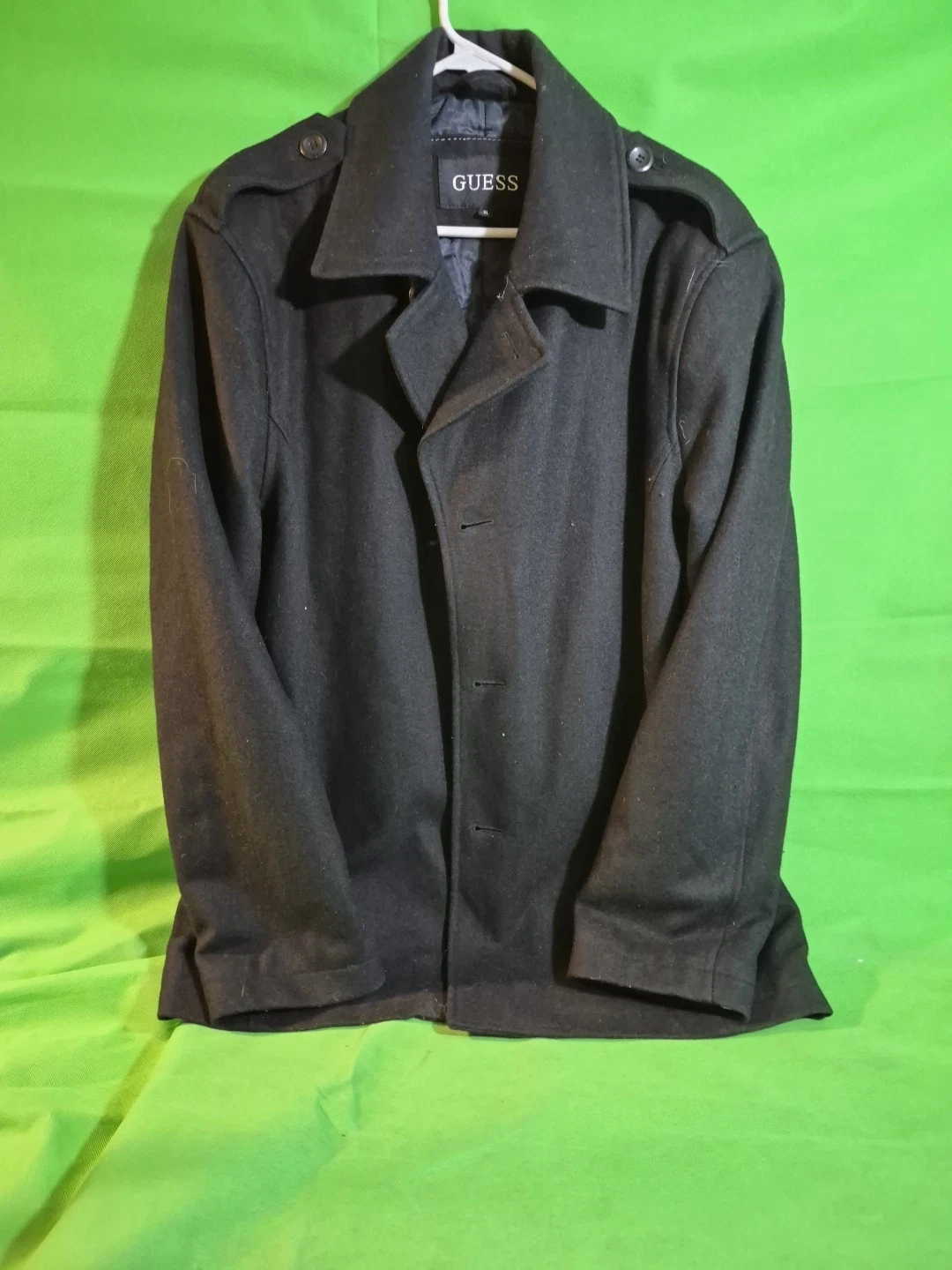 Guess Wool Blend Coat Mens Size XL Button Front Black Jacket Insulated