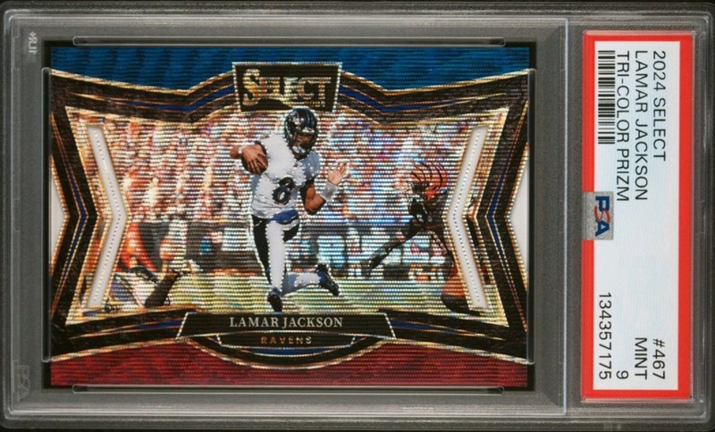 2024 LAMAR JACKSON PSA 9 PANINI SELECT TRI COLOR PRIZM BALTIMORE RAVENS /99 