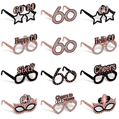 24 Pcs 60th Birthday Paper Glasses Party Photo Booth Props for Men