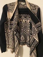 Lucky Brand Cardigan Women’s L Open Sweater Cover Up Black Tan Southwest Aztec