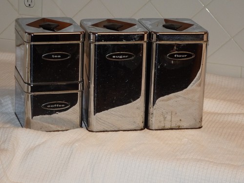 Bidoni cucina cromati vintage 4 pezzi anni 60 Masterware Canette MCM manico diamantato