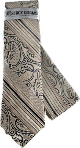 Stacy Adams Men's Tie & Hanky Beige Charcoal Grey Cream Paisley 3.25" Wide - Picture 4 of 6