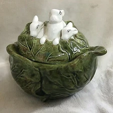 Vintage Holland Mold Ceramic Cabbage Bowl with Lid Easter Bunny Dish 
