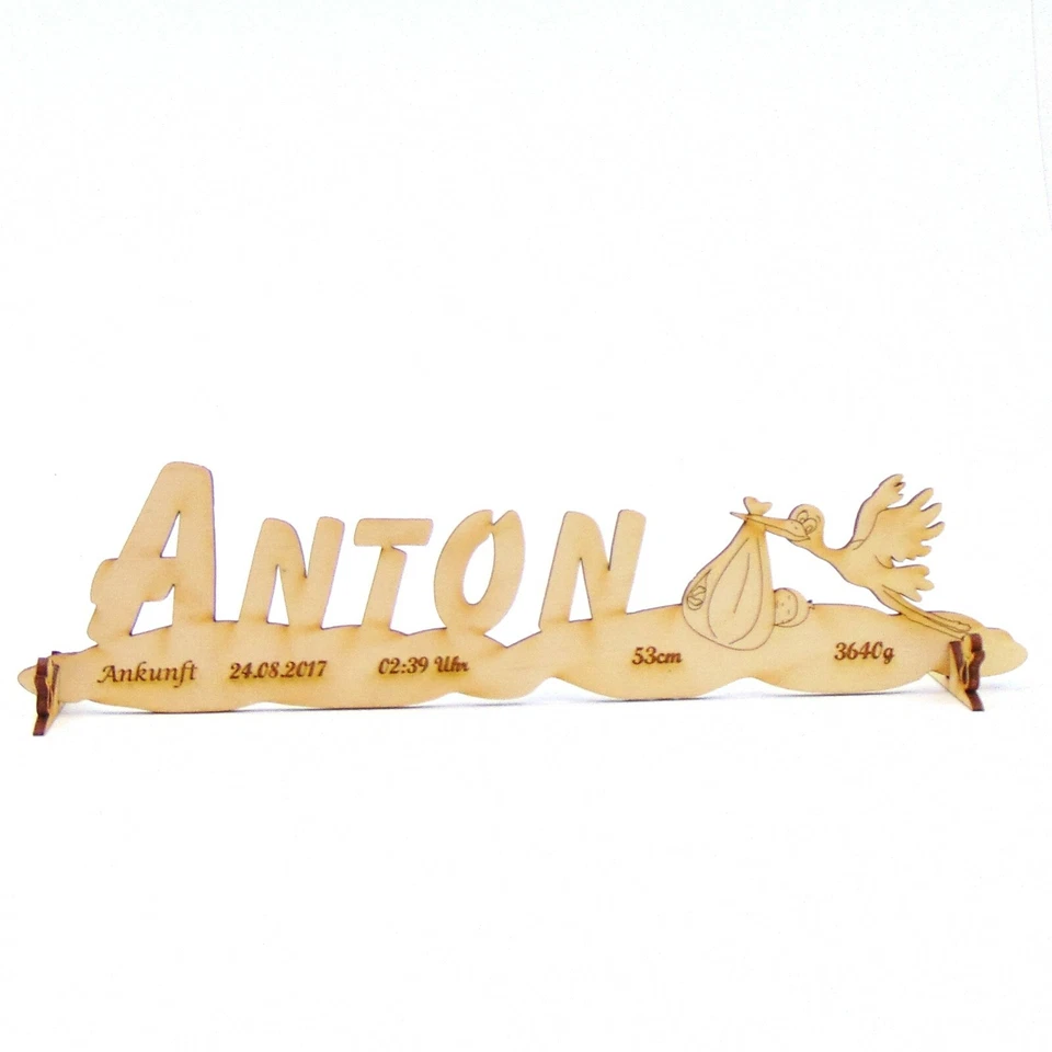 Geschenk zur Geburt zur Taufe, Storch stehend aus Holz Personalisiert Gravur - Bild 2 von 4