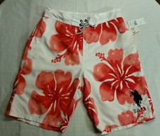 US Polo Assn Swim TRUNKS Mens size Large White w/Red Flowers Pockets NWT