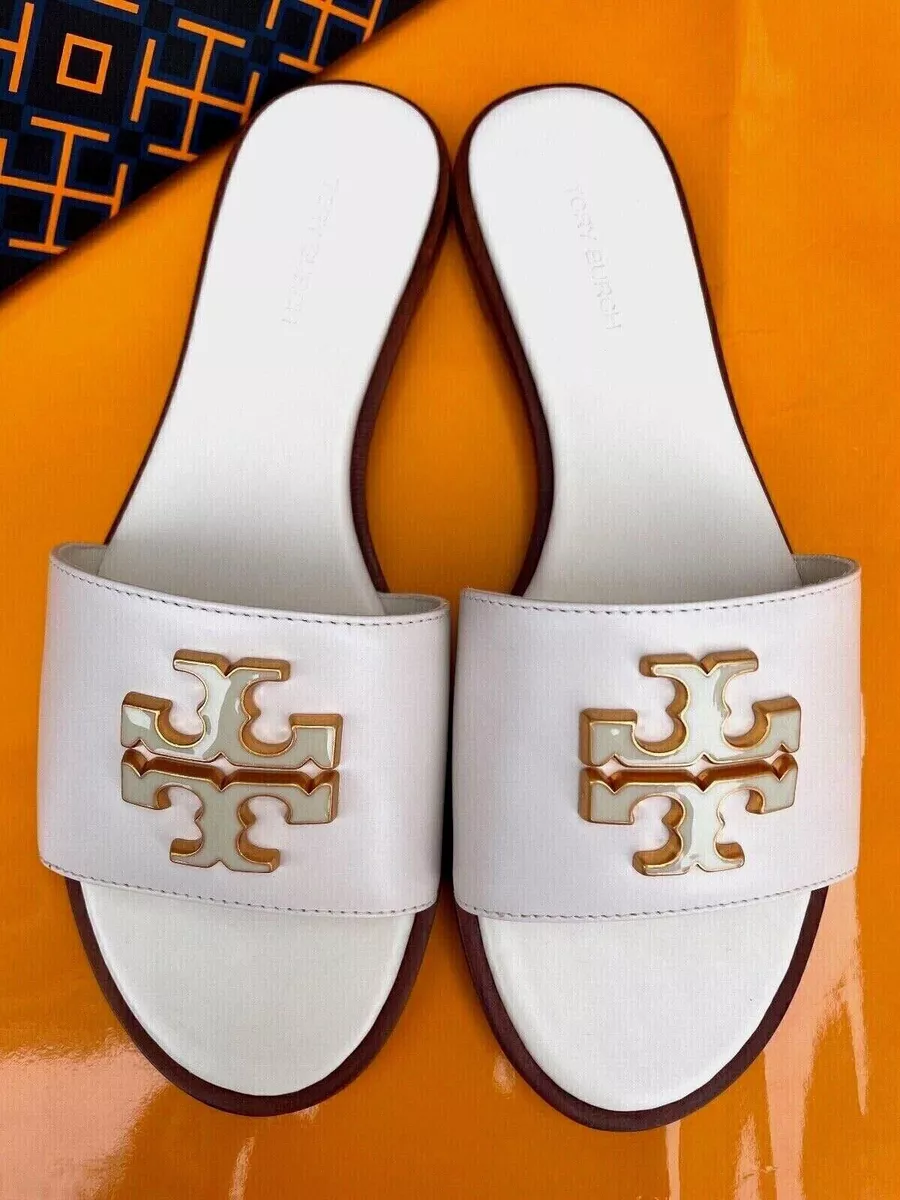 NIB Tory Burch Everly Slide Sandals Calf Leather Enamel Logo New Ivory