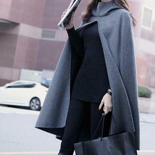 Elegant Womens Wool Blend Hooded Poncho Loose Cloak Cape Outerwear