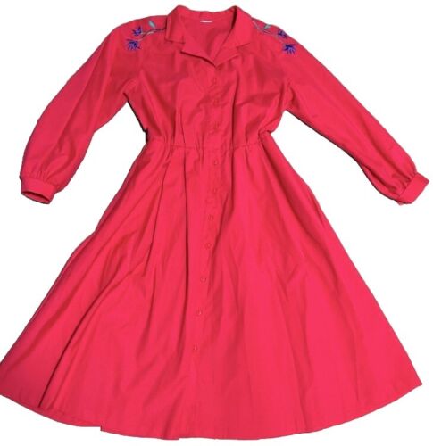 Vintage Hot Pink Embroidered Floral Fit & Flare Midi Dress Size 12 Large