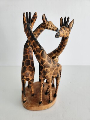 Besmo Kenya Hand-Carved Wood Intertwined Three Giraffes Figurine 10'' Vintage