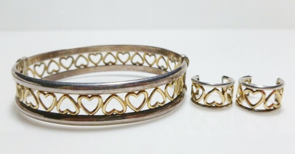 STERLING SILVER 14K SOLID GOLD HEART EARRINGS HIN… - image 1