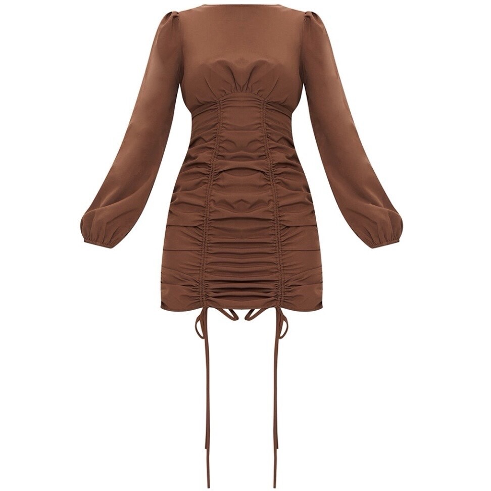 Pretty Little Thing Ruched Long Sleeve Bodycon Mini Dress Chocolate Brown Size 6 | eBay Pretty Little Thing Ruched Long Sleeve Bodycon Mini Dress Chocolate Brown Size 6 | eBay