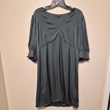 Quince Large Washable Stretch Silk Puff Sleeve Mini Dress Forest Green
