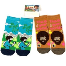 2 pair lot WOMENS BOB ROSS LOW-CUT SOCKS painting artist blue brown ankle NEW