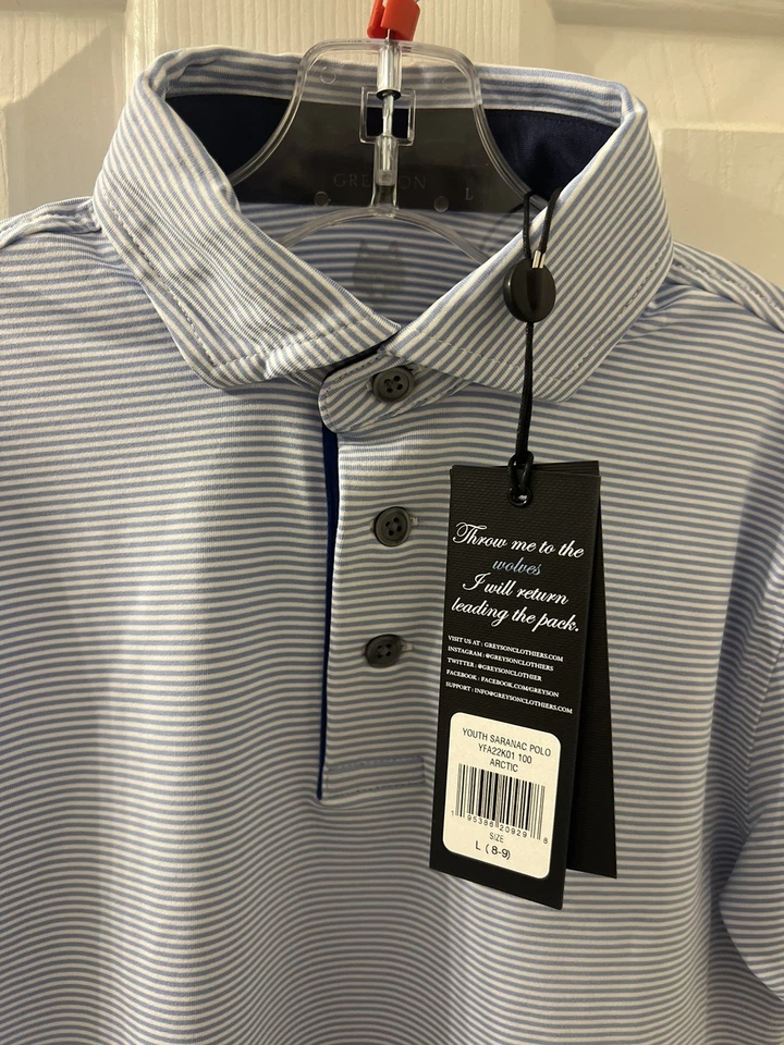 Greyson Youth Boys Blue White Striped Saranac Golf Polo Shirt Size L 8-9 New W/t - Image 3 of 4