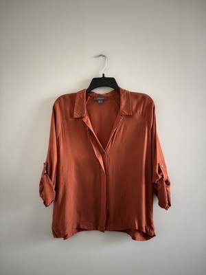 Primark Button Up Casual Orange Roll Tab Sleeve Women 6 Minimalist Office Casual